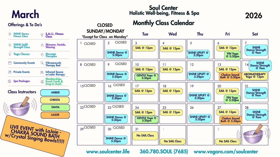 Soul center 2026 calendar march post