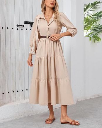 Flowy v neck maxi shirt dress – lightweight  ruffled   pocket friendly for effortless style beige