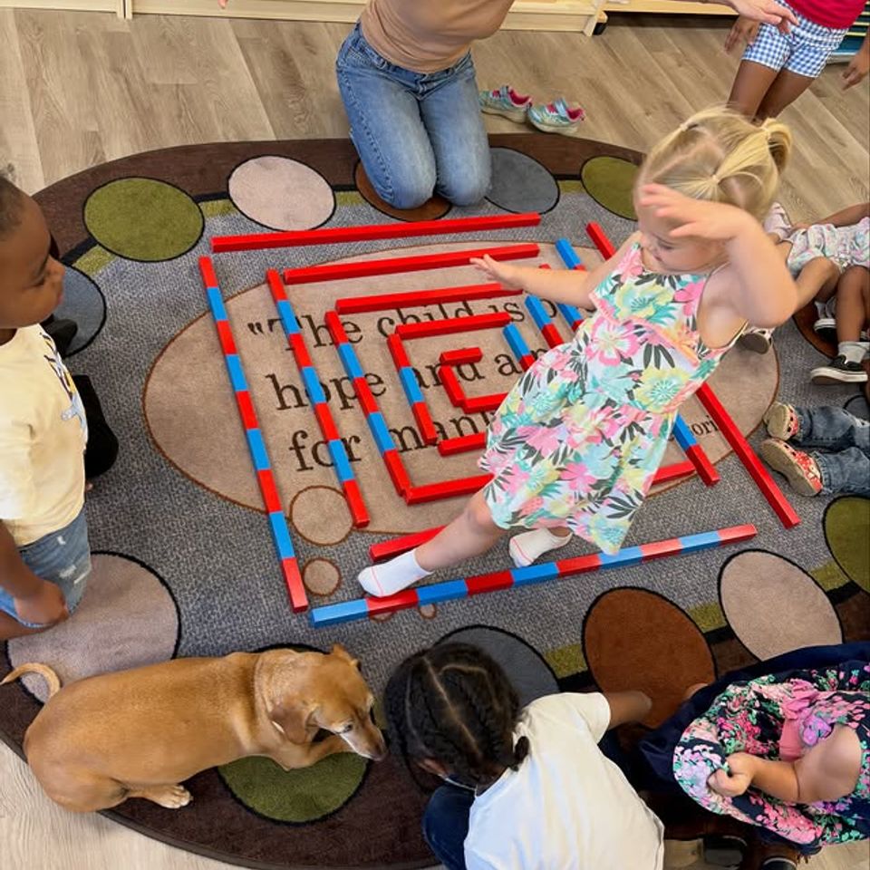Preschoolers and a teacher building a spiral with red and blue rods during Montessori group time in Palmdale CA