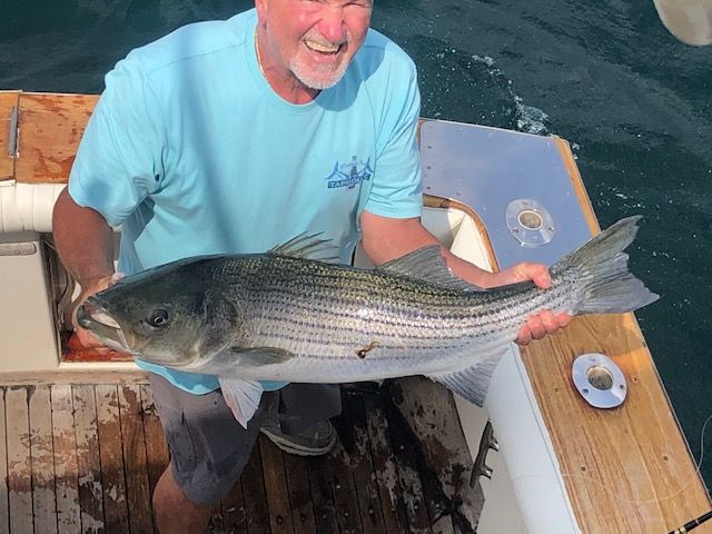 Captain stan holding striper onboard