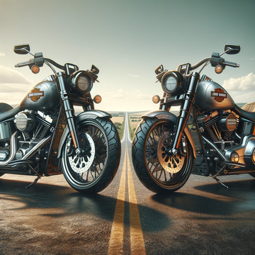 Dall·e 2023 12 22 21.29.38   two harley davidson motorcycles facing each other on an open road. the motorcycles are detailed and stylish  showcasing their unique designs and chrom