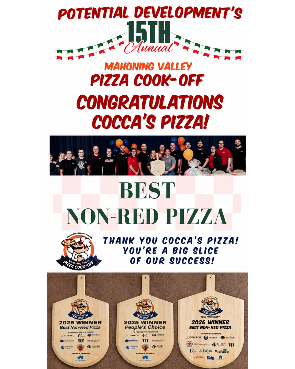Cocca's Pizza celebrates recognition at the Mahoning Valley Pizza Cook-Off, including Best Non-Red Pizza and People's Choice awards in 2025 and Best Non-Red Pizza in 2026.