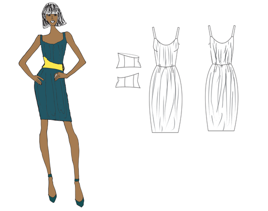 sketch of fashion model wearing a teal dress with yellow belt and teal shoes