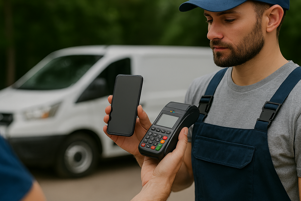 Payment Processing Servicers for Field Services - man holds phone near a handheld mobile POS system