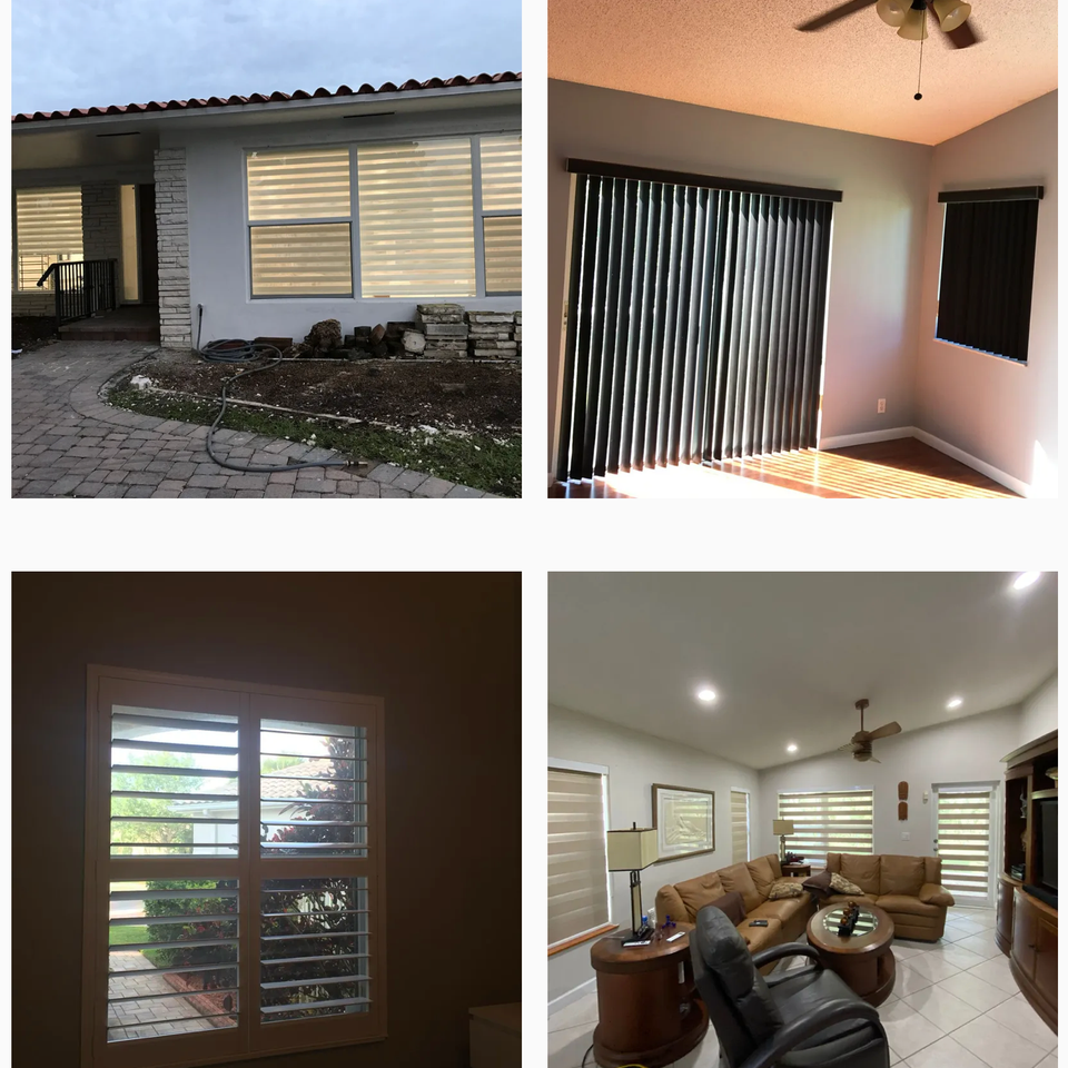 BJ&S Blinds installations showcasing zebra shades on exterior-facing windows, vertical blinds in a sunlit room, interior plantation shutters, and coordinated zebra shades in a living room