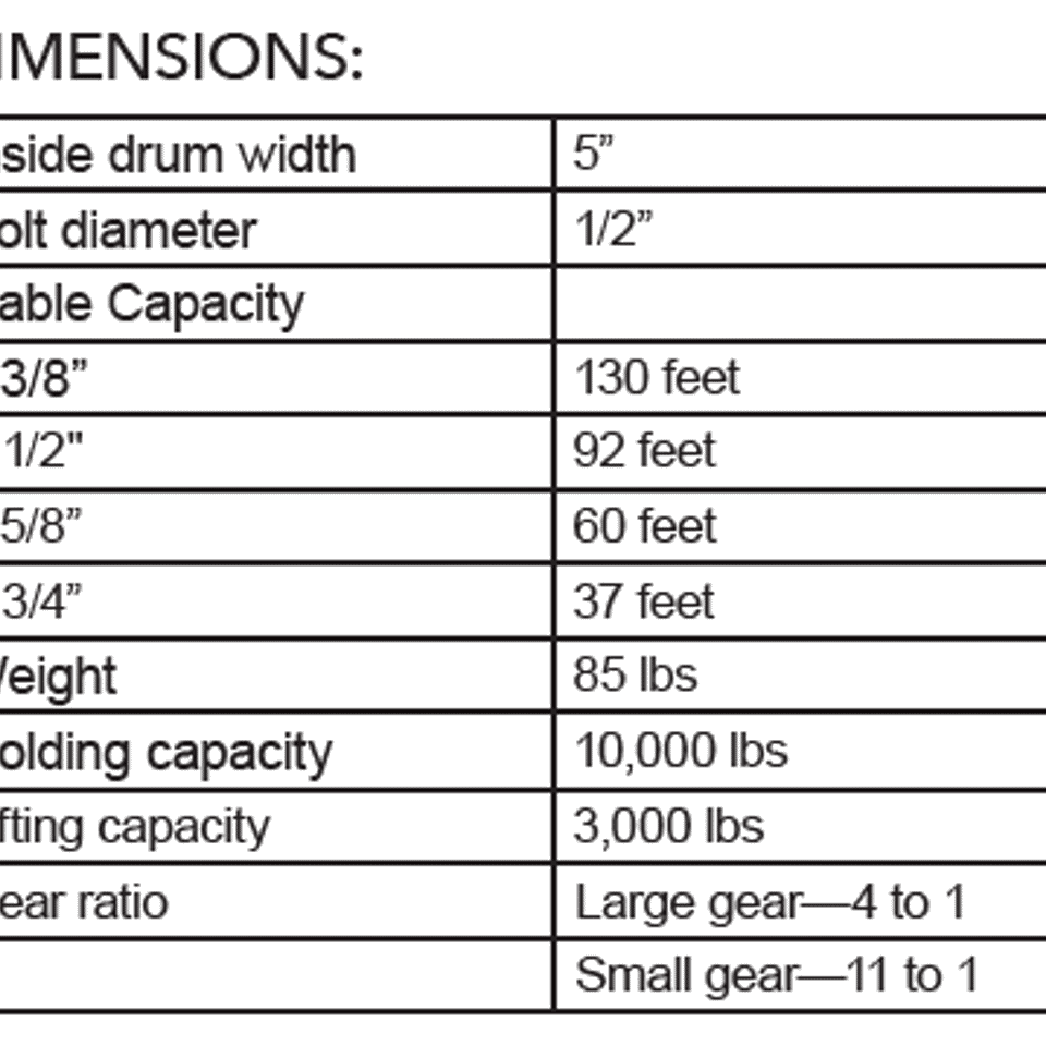  10 winch dimensions chart
