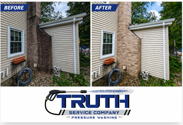 Before and after photos showing a stained brick chimney and siding cleaned with pressure washing.