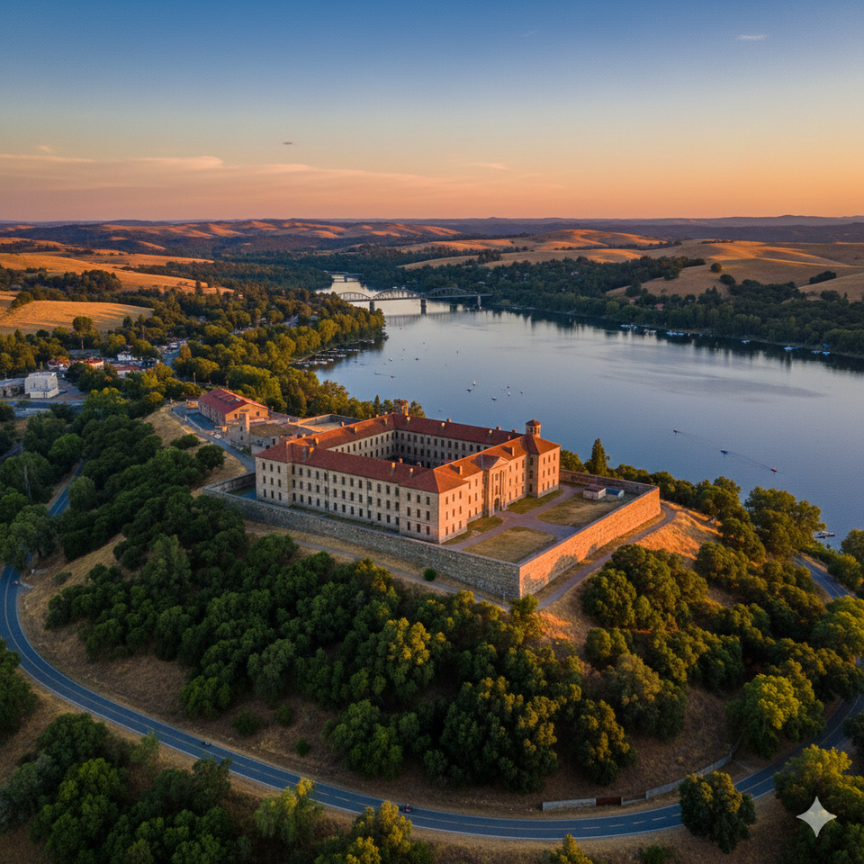 Aerial sunset view of Folsom, California, featuring historic stone architecture on a hilltop overlooking the American River, surrounding oak woodlands, and distant rolling hills