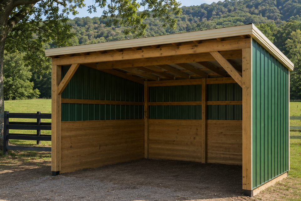 Open front loafing shed with green metal siding and wood framing on an Elizabethton TN pasture