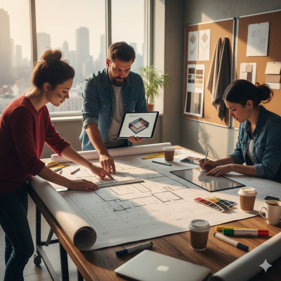 Three designers collaborating around a table covered with architectural blueprints, tablets, and design tools in a modern office with city views