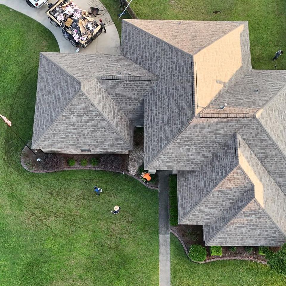 Ariel view of a roof a roof replacement by Teal Roofing in Walker, La.