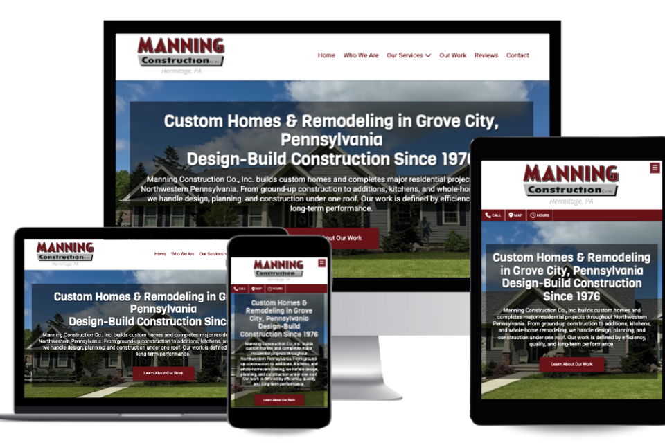 Construction company website showcasing custom homes, remodeling, and design-build services.