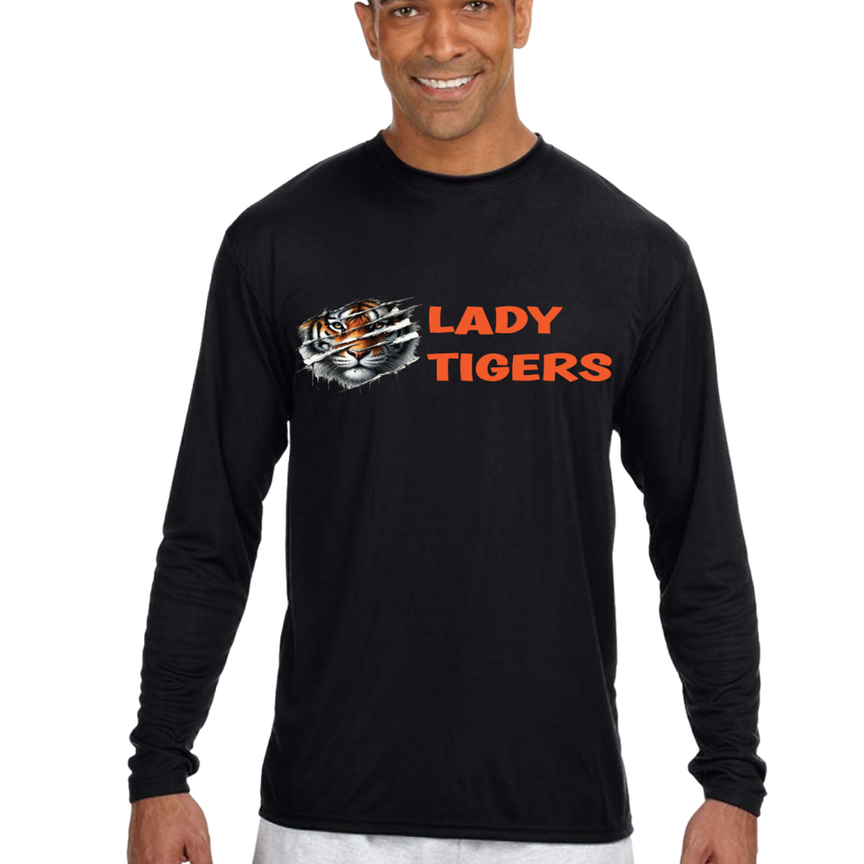 Black long-sleeve performance shirt with a custom Lady Tigers graphic and team name printed on the front.