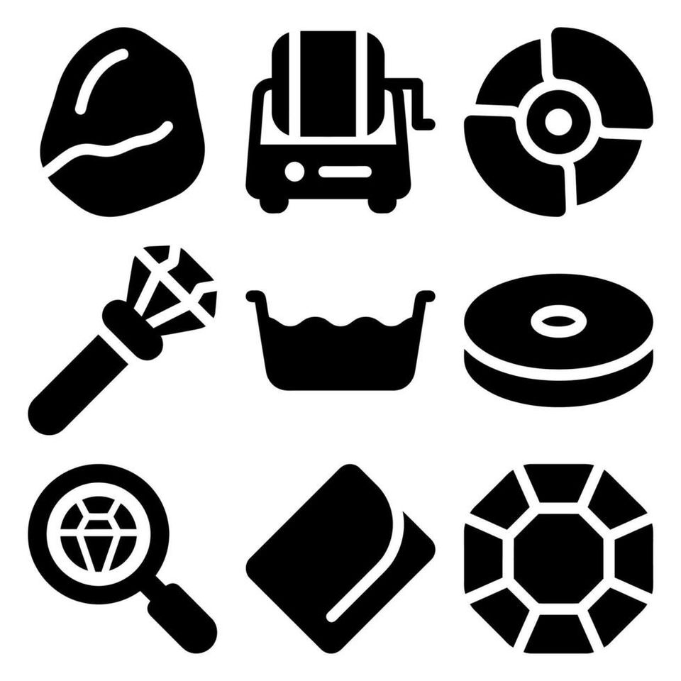 Gemology and lapidary solid glyph icon set for jewelry making and gemstone polishing vector