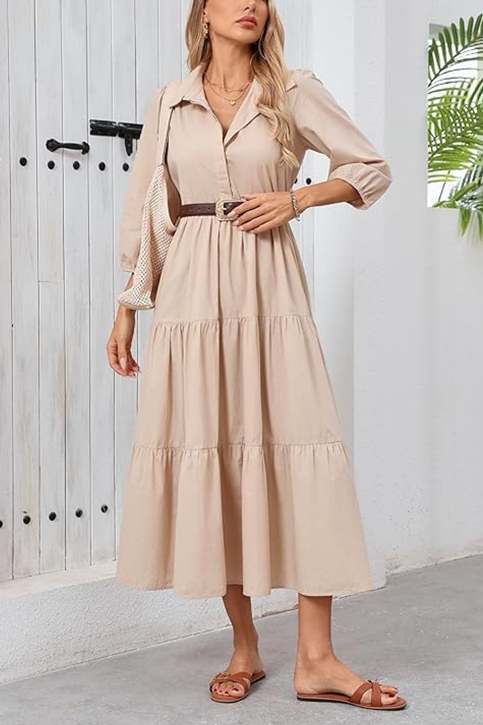 Flowy v neck maxi shirt dress – lightweight ruffled pocket friendly for effortless style beige