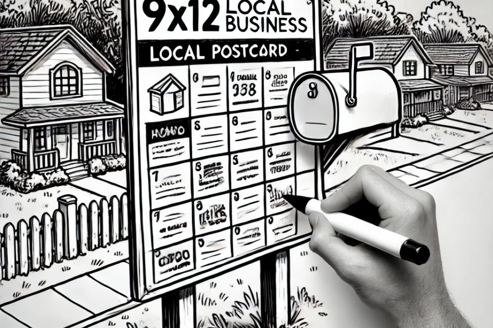 Dall·e 2025 04 19 13.33.14   a whiteboard style sketch of a jumbo 9x12 postcard being delivered into a suburban mailbox. the postcard has small boxes representing multiple local b