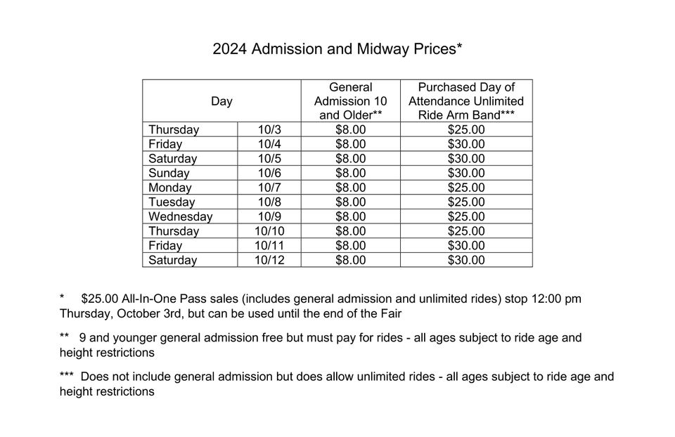 2024 fair admission arm band and ticket prices