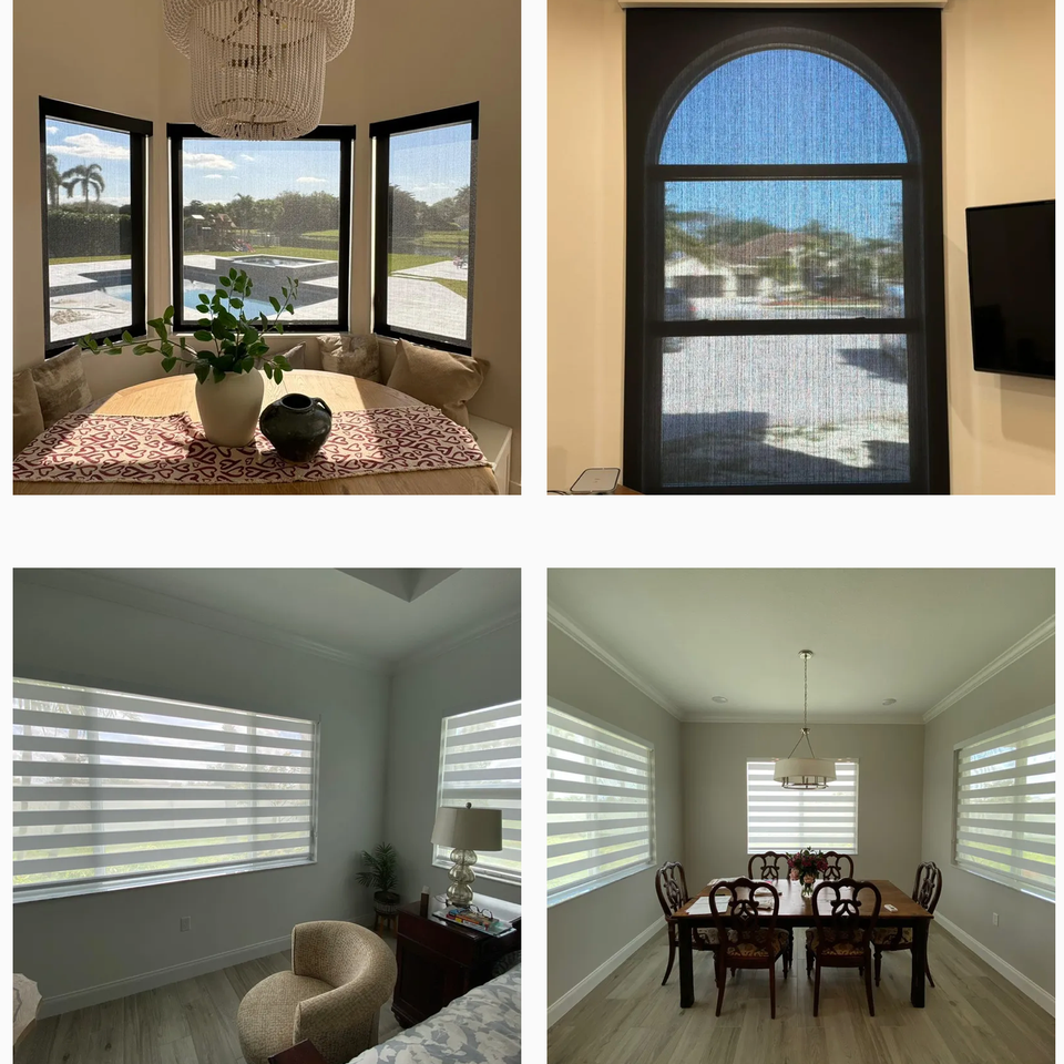 BJ&S Blinds custom roller and zebra shades installed in dining rooms and bedrooms, offering modern privacy and natural light balance
