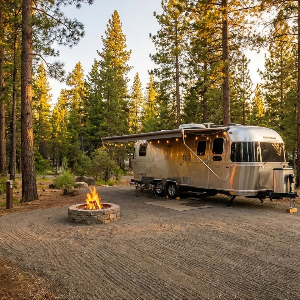 Silver Airstream RV parked at a spacious, wooded campsite featuring a stone fire pit surrounded by tall pine trees.
