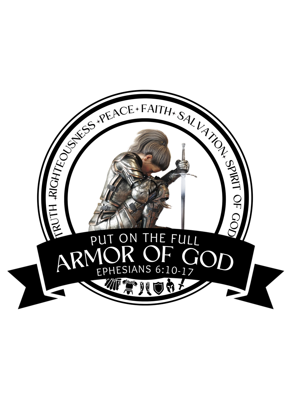 Faith   full armor of god kneeling girl banner