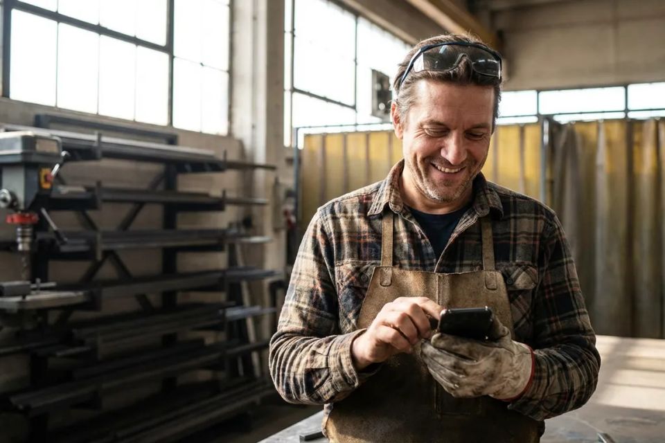 Professional custom welder reviewing customer quote request on smartphone in local workshop