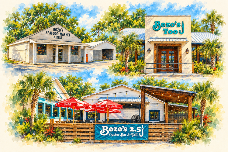 Watercolor montage of Bozo’s Seafood Market, Bozo’s Too, and Bozo’s 2.5 Oyster Bar and Grill