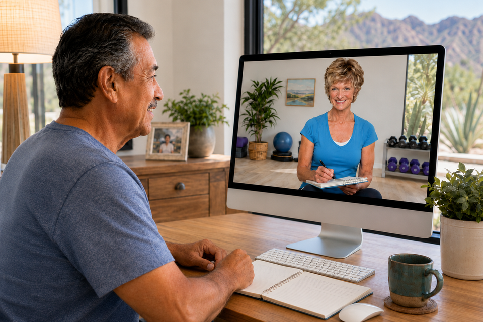 Older man having a virtual consultation with a personal trainer