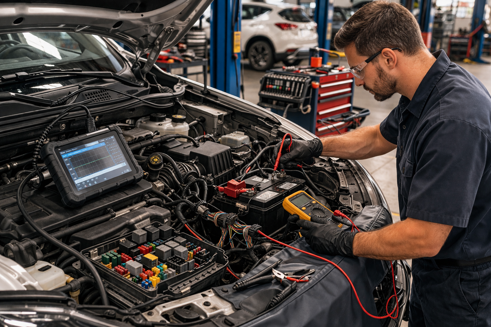 Automotive electrical diagnostics and inspection being performed in a professional repair shop in Missouri City, TX