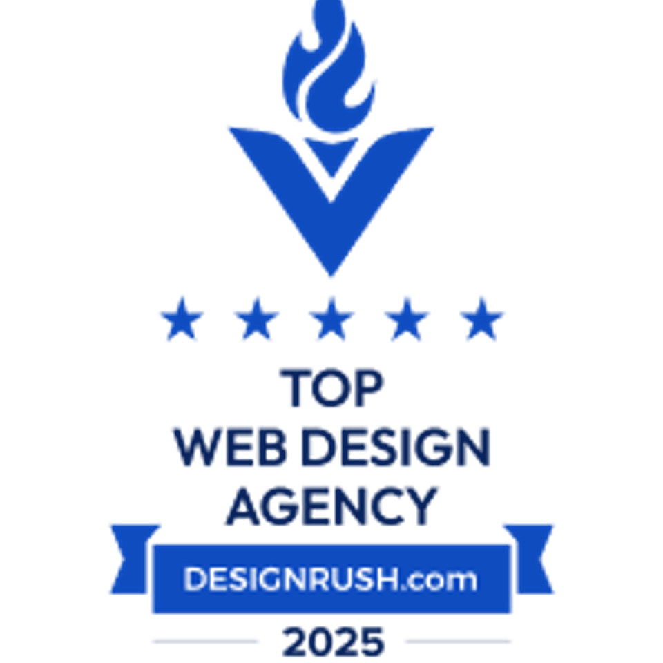 Blue emblem on black background with a stylized torch, stars, and text: "Top Web Design Agency 2025," and a banner reading "DESIGNRUSH.com."