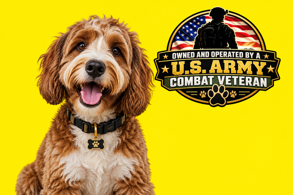 Happy dog and veteran badge