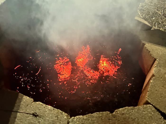Pine cone burning ritual with 4 pine cones burning in a fire pit