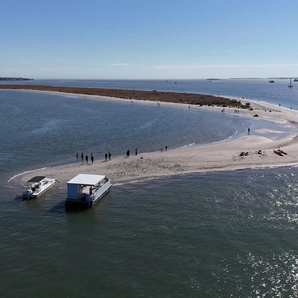 Families exploring a sandbar during a Charleston Harbor island hopping and shark tooth hunt boat tour