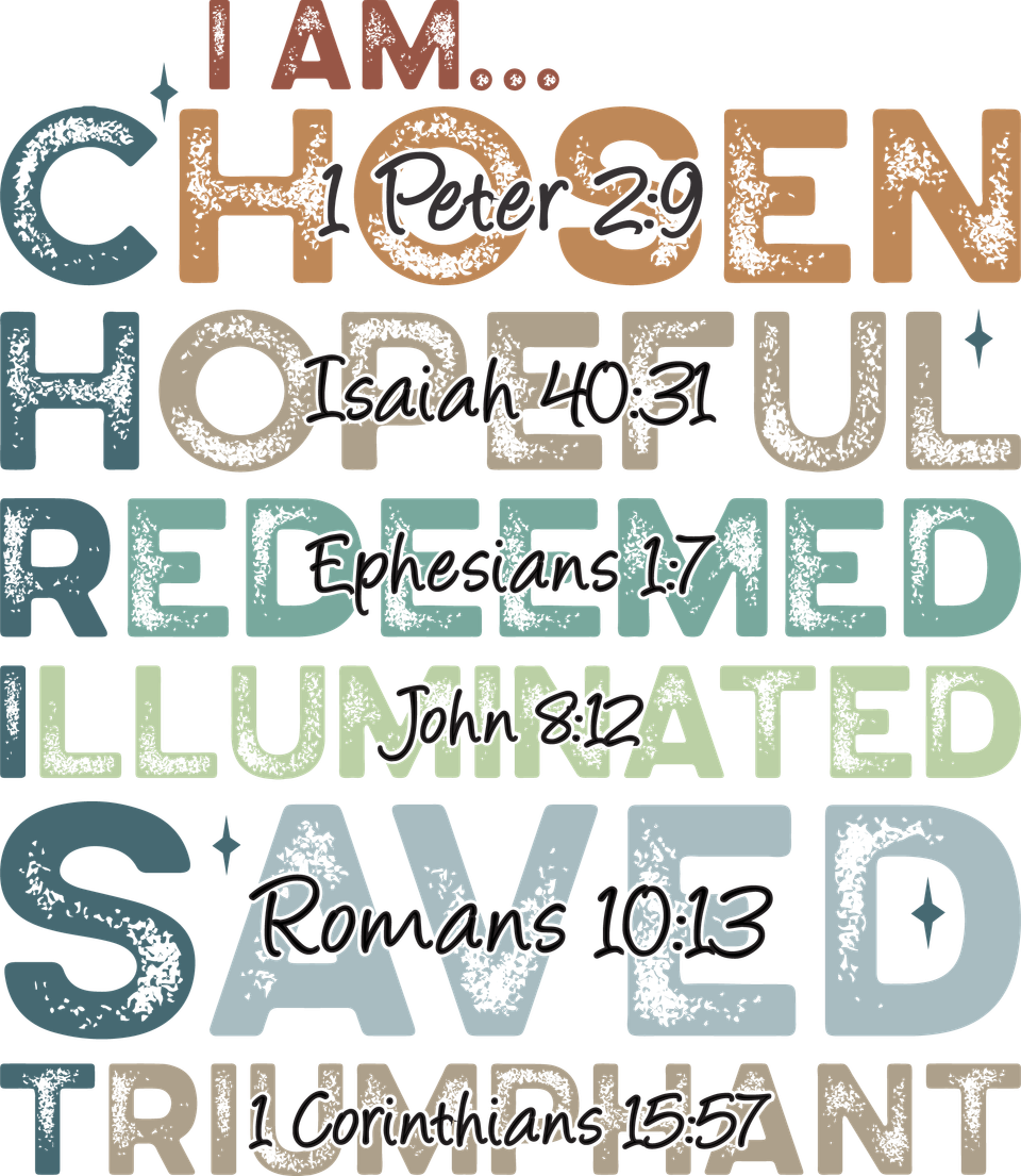 Faith   i am chosen  hopeful  redeemed  illuminated  saved  triumphant 