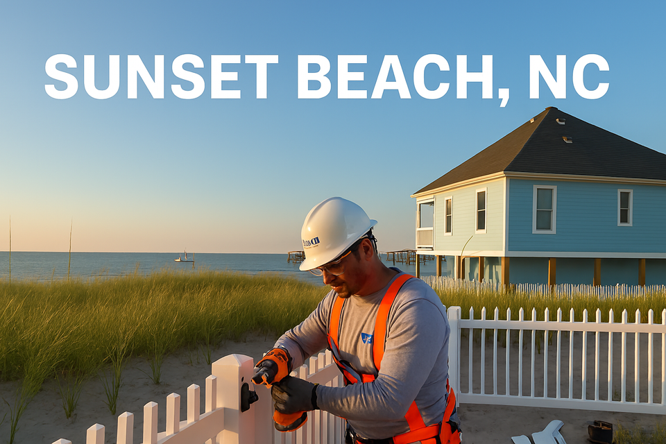 Nova Roofing employee installing white picket fence near coastal home in Sunset Beach NC with ocean view