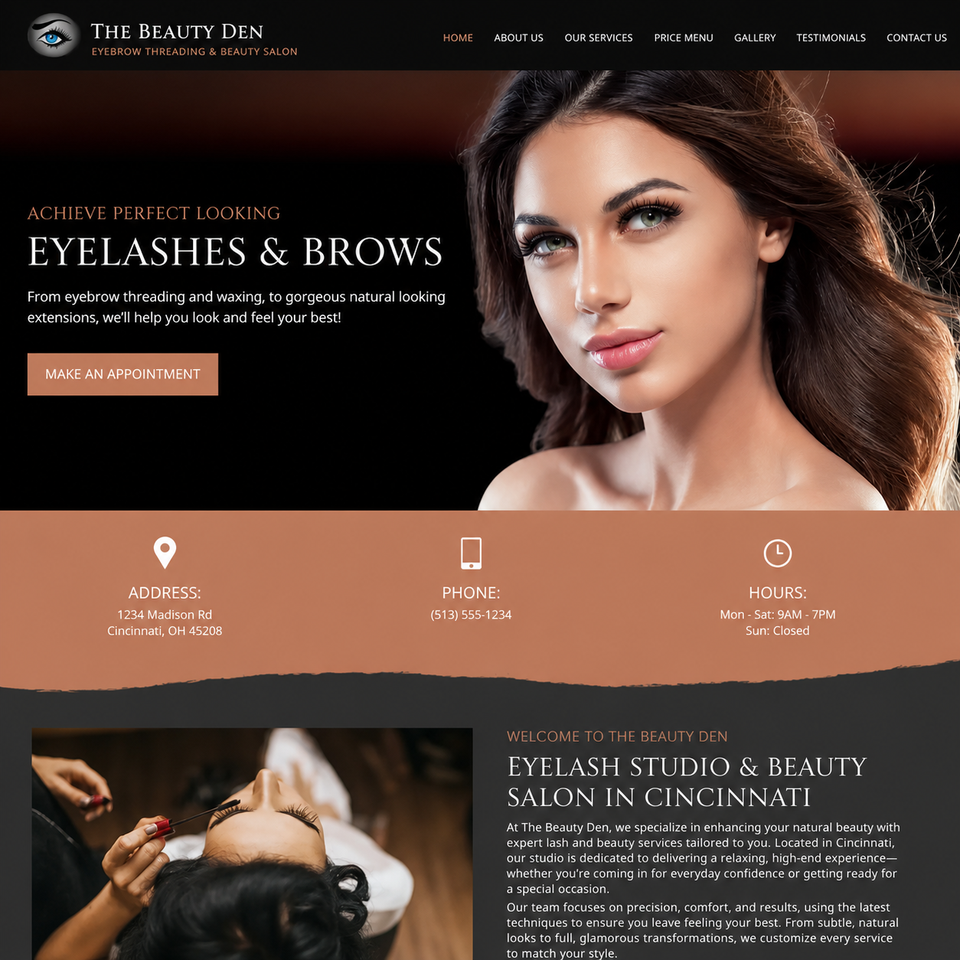 Webpage for The Beauty Den highlighting its services, including eyebrow threading, waxing, and natural-looking eyelash extensions. Features a call-to-action button for appointments.
