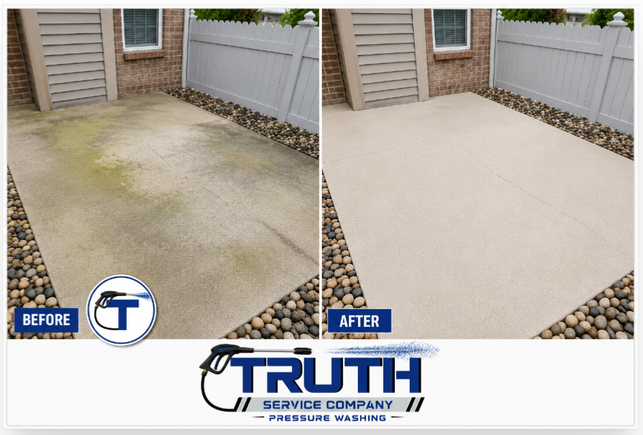 Before and after photos of a concrete patio showing a cleaner surface after pressure washing.