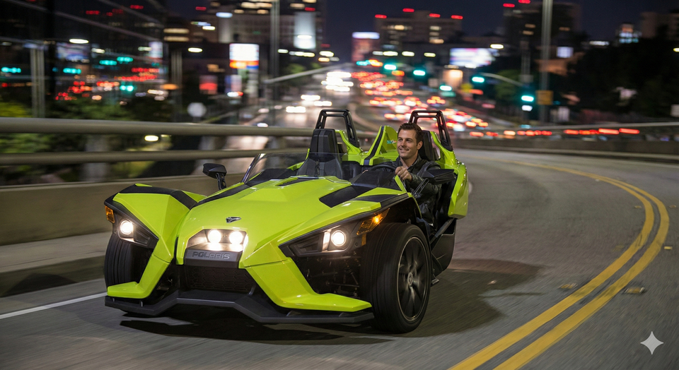 A man in a green slingshot rental driving on the highway at night