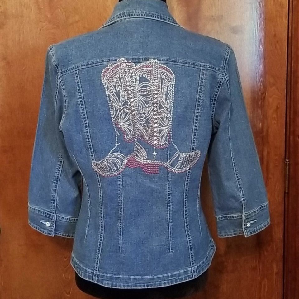 Jeans jacket with cowgirl boots design using rhinestone bling
