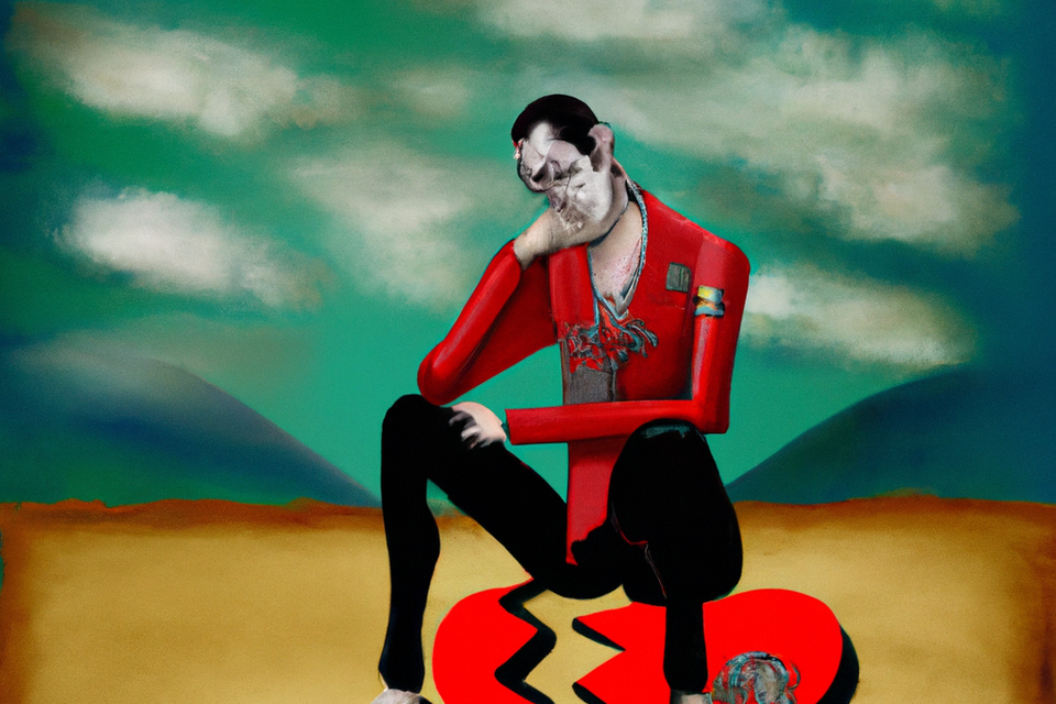 Dall·e 2023 06 01 10.32.46   make a gloomy background showing a man in pain crying on his knees holding a broken heart in the style of dali