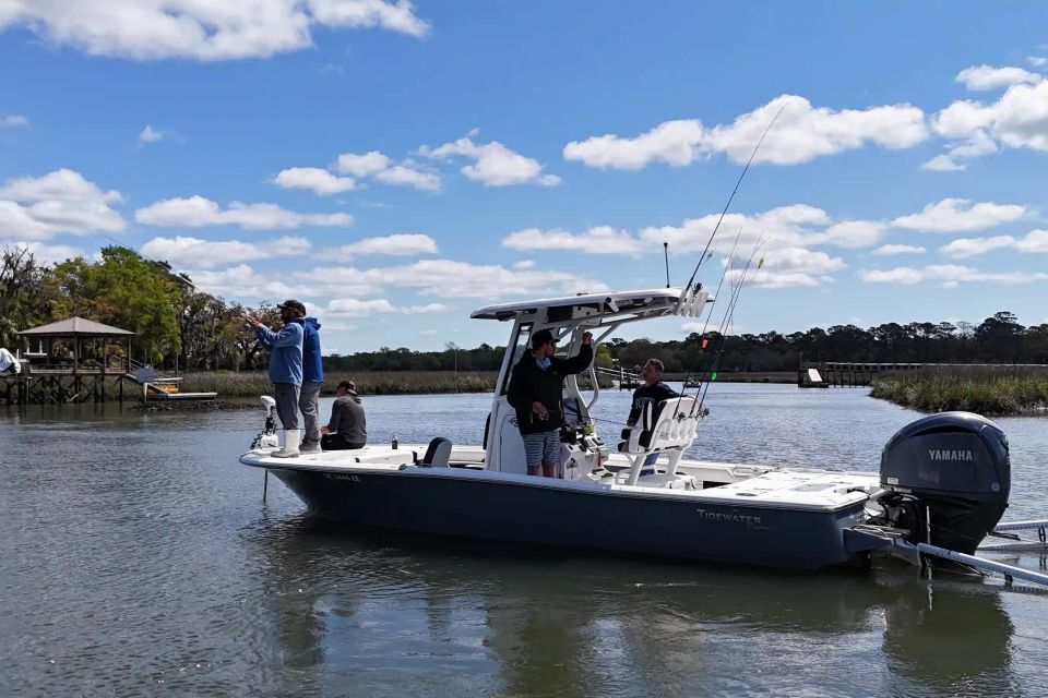 Tidewater fishing boat with anglers onboard during an inshore fishing charter in Charleston waterways