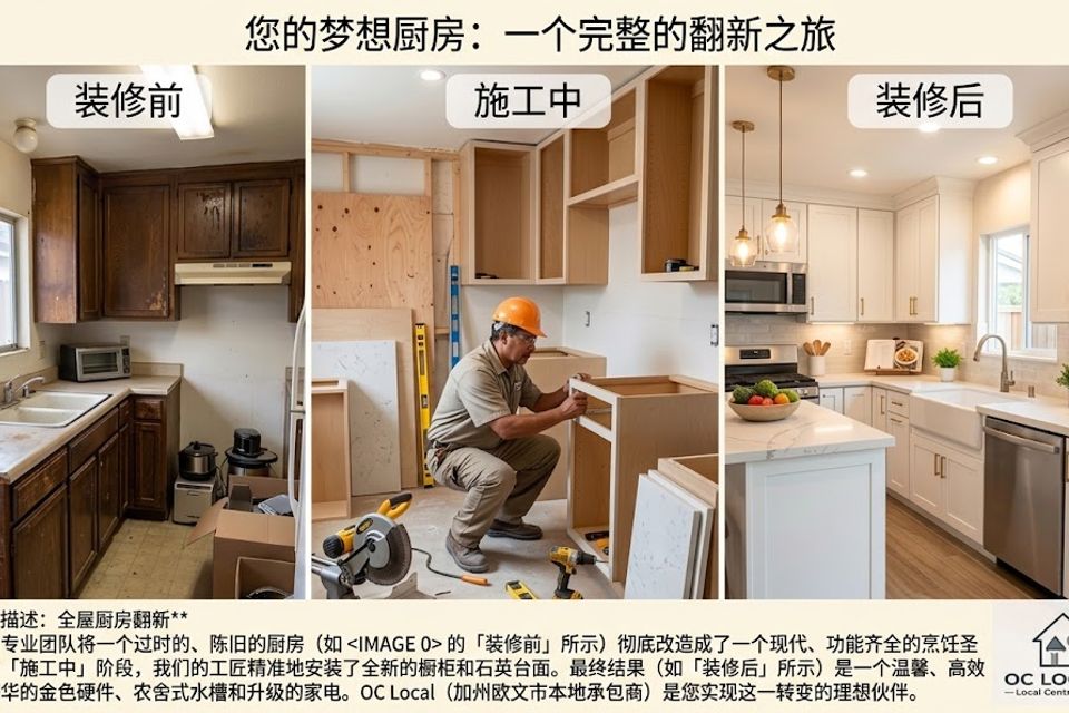 Kitchen remodel before and after transformation with construction process