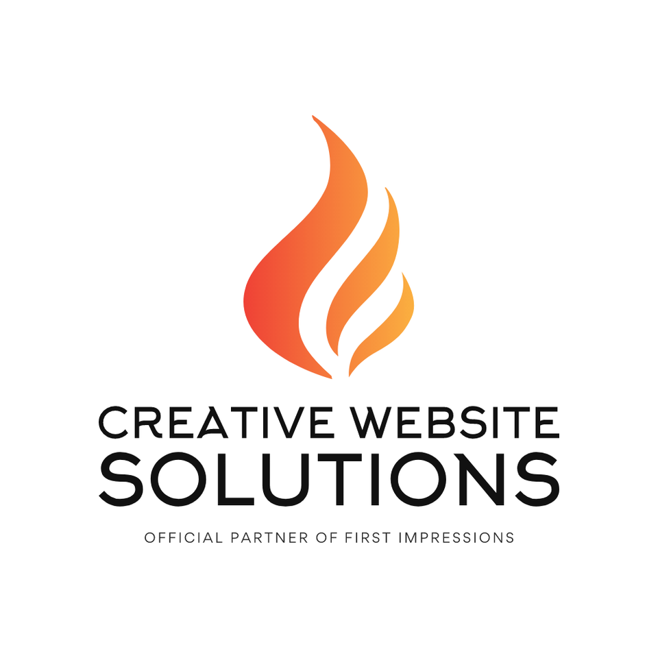 Creative Website Solutions logo with an orange and red flame above bold black text reading "Creative Website Solutions," accompanied by the tagline "Official Partner of First Impressions.