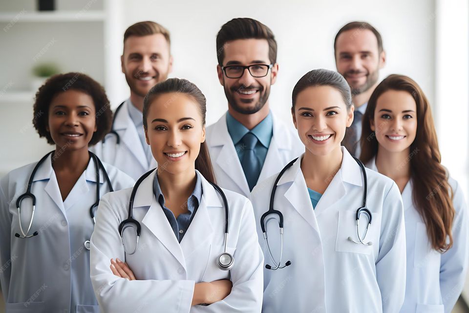 A diverse group of physicians in white coats smiling together