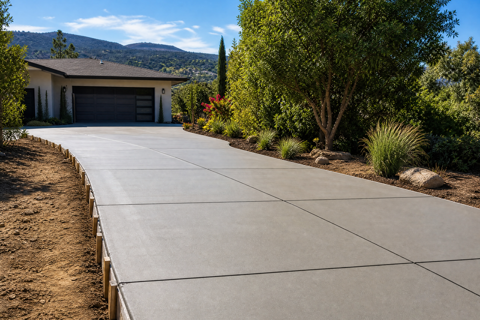 Newly finished concrete driveway with smooth surface and control joints