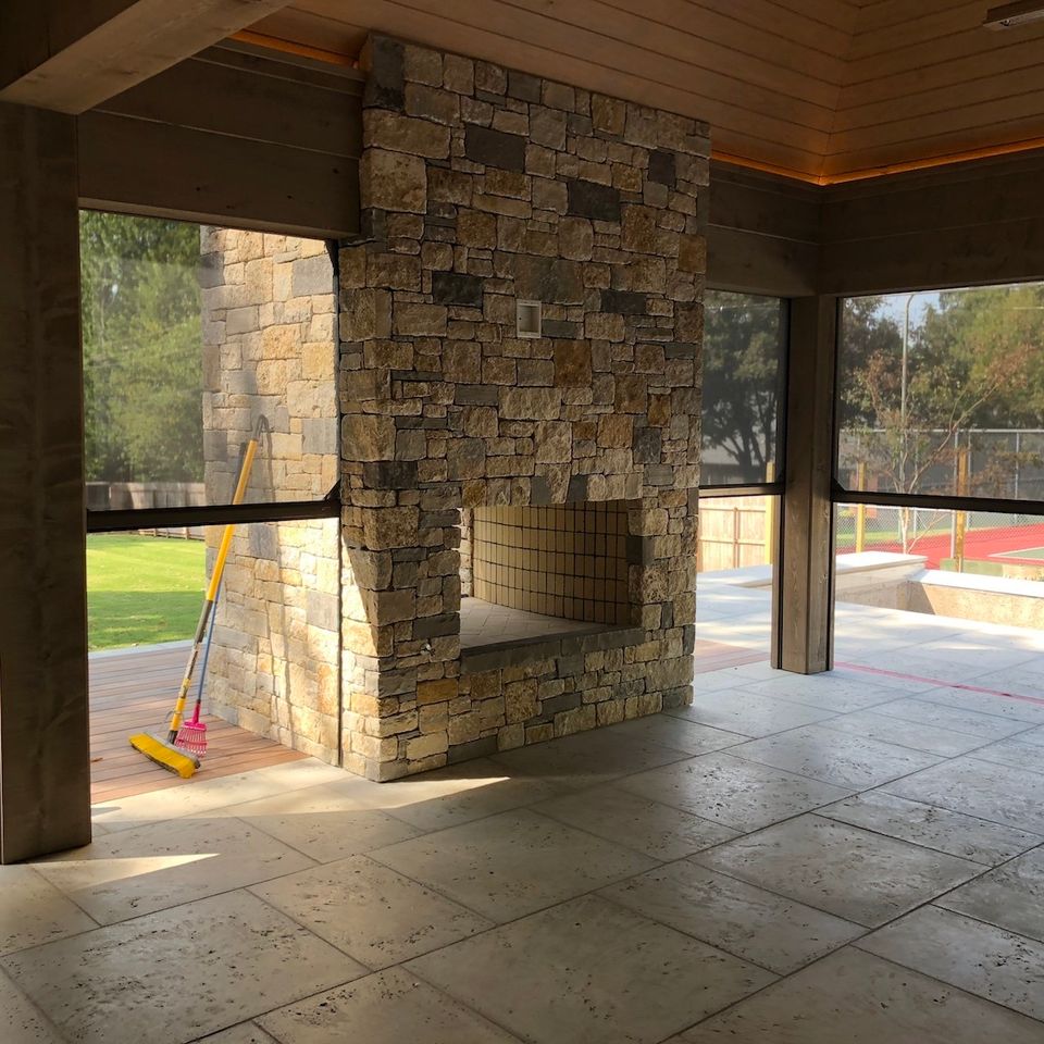 3d solutions general contractors   tulsa oklahoma   custom screened in covered porch with outdoor see through fireplace 1