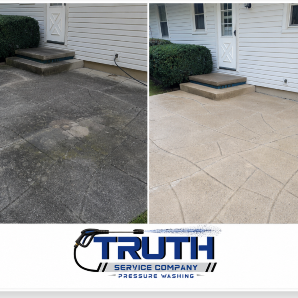 Before and after photos of a concrete patio after pressure washing.