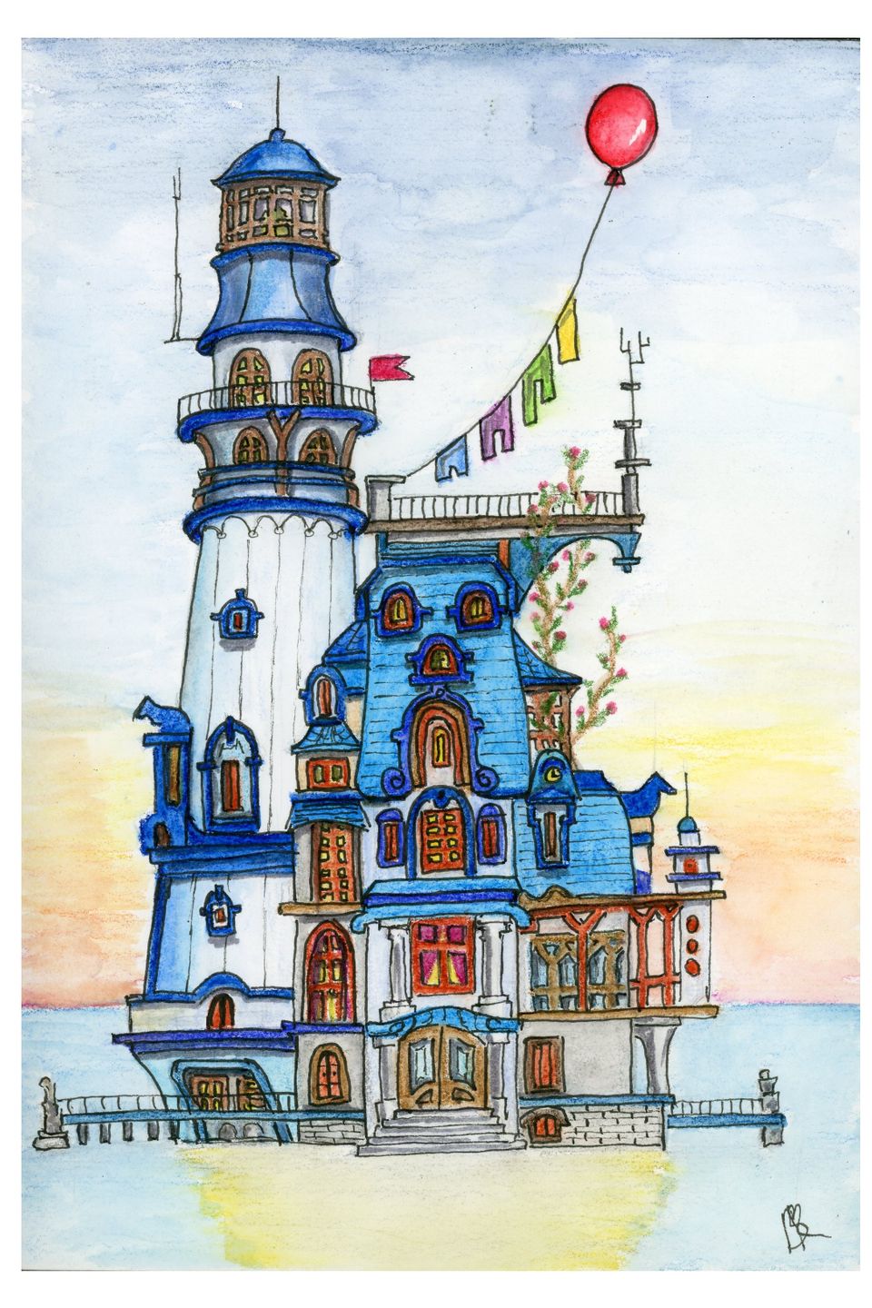 A whimsical, colorful lighthouse-like house with blue roofs and ornate details sits on water. A red balloon and flags add charm, as the sun sets in the background.
