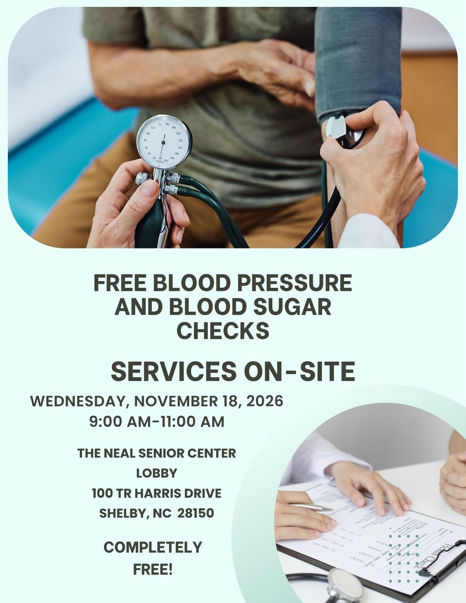Poster free blood pressure and blood sugar screenings