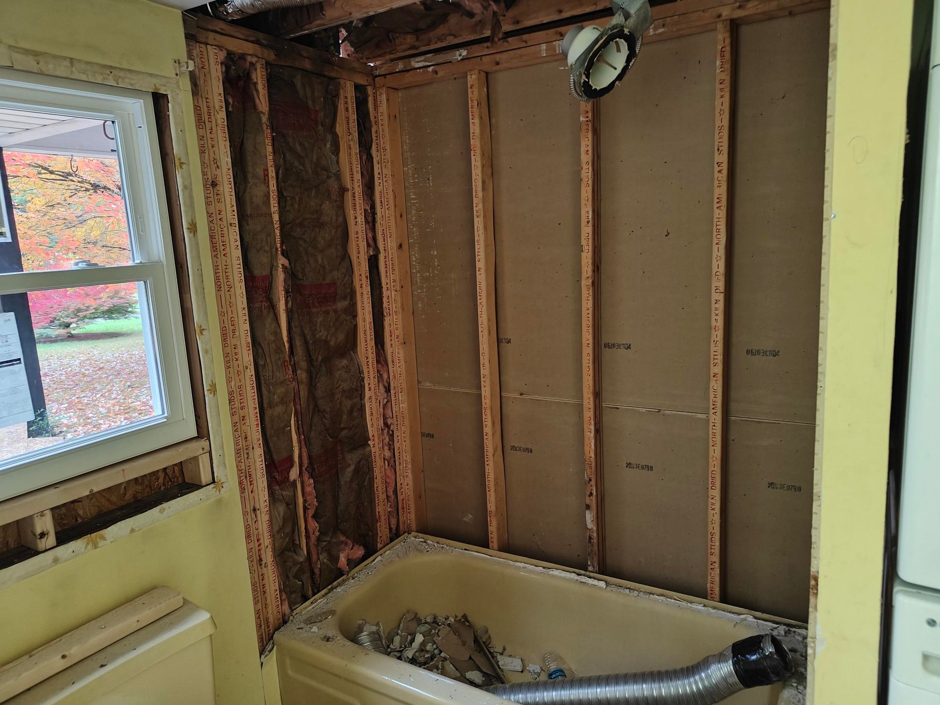 Vintage tub with surrounding walls torn out during a shower replacement