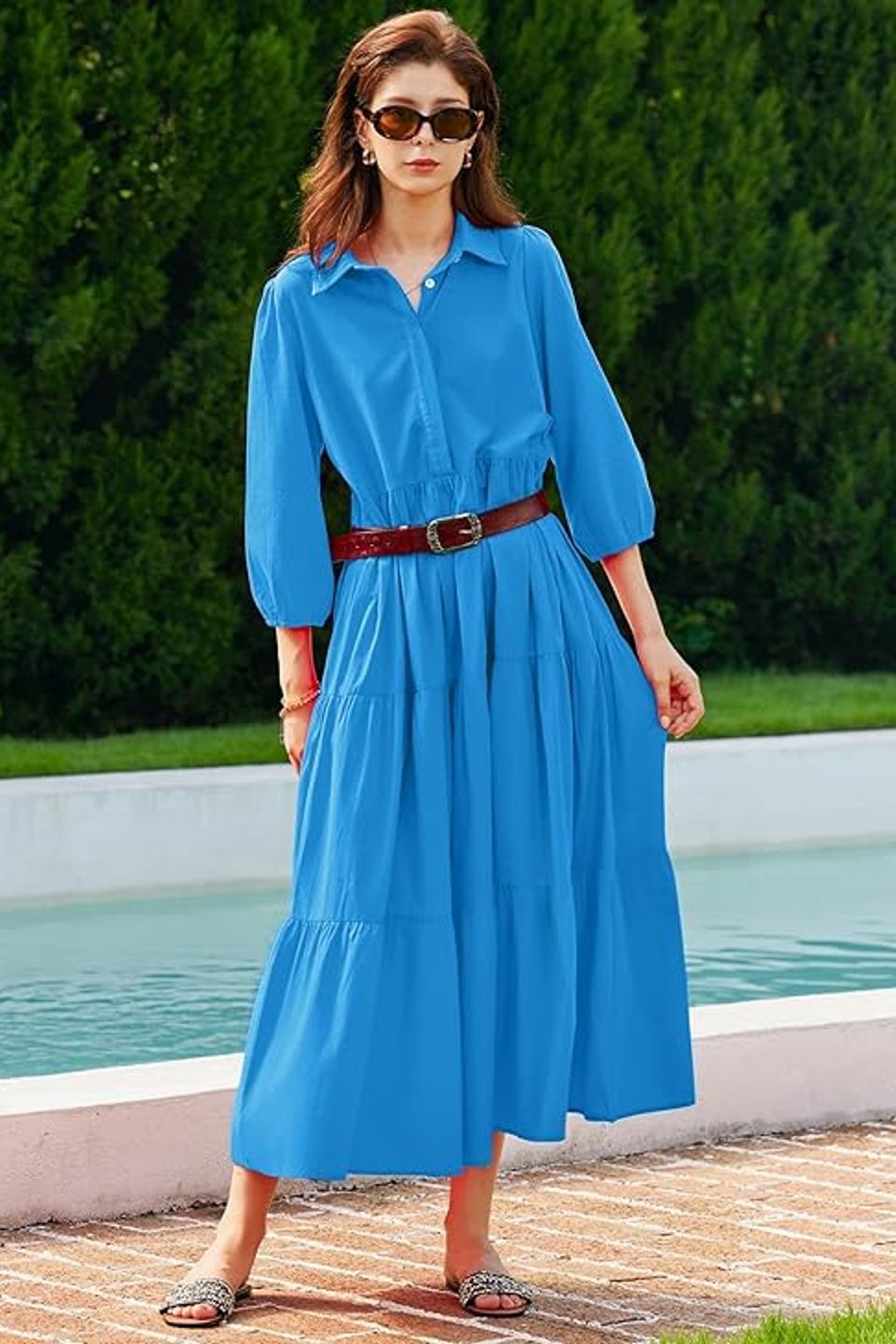 Flowy v neck maxi shirt dress – lightweight  ruffled   pocket friendly for effortless style